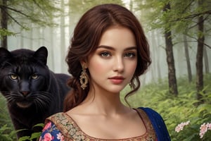 oil painting style, best quality, detailed face, full figure, a girl with a panther, she has beautiful red hair, a beautiful symmetrical face with an innocent cut, she is in the forest, she has beautiful black eyes, wearing a floral print white saree dress, she is with other animals symmetrical, vibrant, style artwork, highly detailed CG, 8k wallpaper, beautiful face, full scene, full body shape