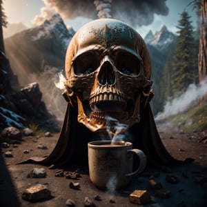 RAW photo, sleepy tired looking half asleep cartoon skeleton small grim reaper skull,drinking steaming hot coffee, sunrise, sunrays, water, mountains,4k ultra details, photo realistic, 8k ultra fine details, dynamic lighting, unreal engine, masterpiece, psycho expressions, outside in the snow, forrest with snow in the background, 12k, high definition, cinematic, behance contest winner, stylized digital art, smooth, ultra high definition, 8k, unreal engine 5, ultra sharp focus, intricate artwork masterpiece, ominous, 4k details, ultra details, dynamic lighting, cinematic, 8k ultra fine detail, masterpiece, High detailed,Enhance, Epicrealism, Realistic, Epic, Fantasy, shaded face,Realism,detailmaster2,portrait,photo r3al,REALISTIC,explosion,Raw photo,Photography,skull,RPG