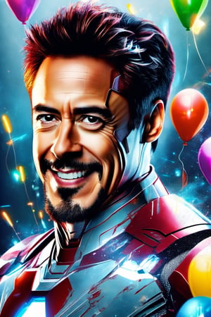 a 4D Double Exposure: portrait of ((transparent tony stark as iron man without mask a double exposure birthday party in his head)), laughing, birthday party with balloons backdrop, hyperrealistic, 3/4 profile view, hyperdetailed,photorealistic, detailed armor, bright lighting, high-resolution,HDR,photorealistic, ironman, happy smile, looking straight into the camera