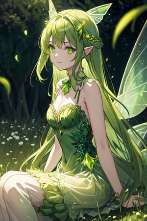 (green glowing gradation fairy wings:1.1), 1 fairy, floating long hair, peridot eyes, gorgeous, (smile:0.6), hair ornaments, lace, full-length zipper, black legwear, bare arms, sitting, green wind, grassland, (moonlight:0.7), depth of field, looking at viewer, cowboy shot, (intricate:1.2), (green theme:1.2), (green tone:1.2), illustration, ,
