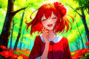 cute red girl, laugh,  flower, forest,