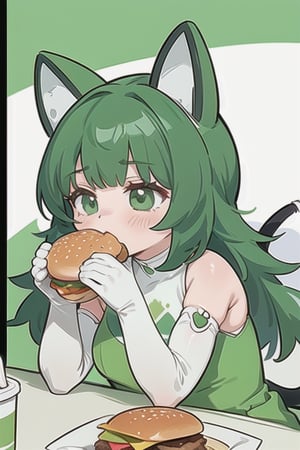 masterpiece, best quality, android-chan, green dress, elbow gloves, upper body, close-up, sitting, eating huge burger with both hands, eating, burger, green thighhi,tail