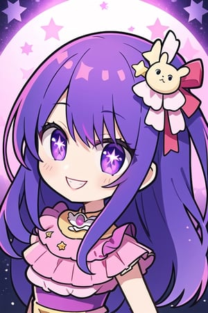 stars in the eyes, purple hair, purple eyes, Hoshino Ai costume, smile, pink dress, Hoshino Ai headdress