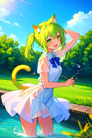 ((1girl, solo, adult woman)), (best quality, masterpiece), cat girl with white and lime green hair, playing in a countryside waterway, splashing water at the viewer, wet clothing, cat ears, cat tail, happy, cowboy shot