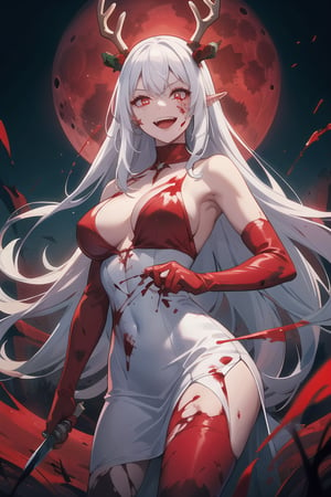 windigo girl, bloody antlers, psychotic, crazy, holding a knife, wearing a white dress, with white hair, messy hair, big boobs, red glowing eyes, big smile, bleeding, with blood stains on her dress, with blood stains on her skin, menacing pose, dark background, night time, glowing blood moon in the background, masterpiece, 