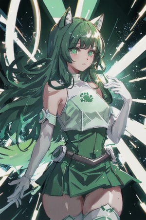 android-chan, green dress, elbow gloves, green thighhighs, long hair, futuristic background, glowing eyes