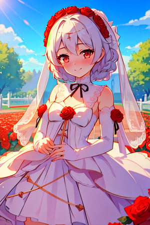, rosy bridesmaid, (masterpiece, top quality, best quality, official art, beautiful and aesthetic:1.1), extreme detailed, colorful, 1girl, standing, cowboy shot, looking at viewer, blush, light smile, wedding dress, rose, outdoors, garden, sun, blue sky, depth field