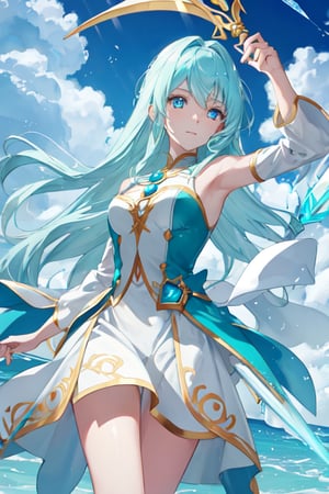 lumine casting a wind magic holding a skyward blade, facing the camera with shining turquoise blue gem eyes
