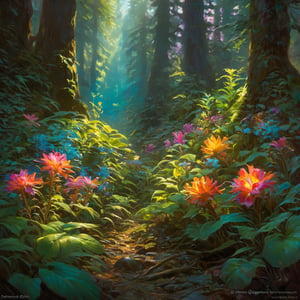 ((cinematic light)), hyper detail, dramatic light, intricate details, lush forest, glowing, luminesent, multicolored, plants, flowers, psychadelic, (extremely colorful:1.3), (psychedelic:1.2), (realistic), (Bioluminescence:1.3), highly detailed, hyper realistic, by Daniel Gerhartz, perfect artwork, masterpiece, best quality, highres, layered lighting, greg rutkowski