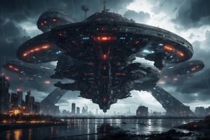masterpiece, best quality, ultra-detail, realistic, high contract, giant science fiction mothership hovering above a city during a stormy rainy night
