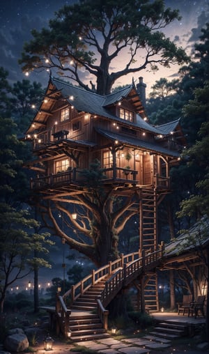 treehouse, 4k, high quality, night, ladder, swing, tree, fireflies