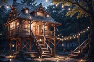 treehouse, 4k, high quality, night, ladder, swing, tree, fireflies