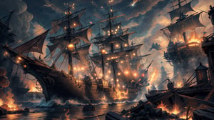 hyper realisitc, 8k, masterpeice, high quality, ((detailed), 2 pirate ships in combat, fire, cannons, action, intense, 