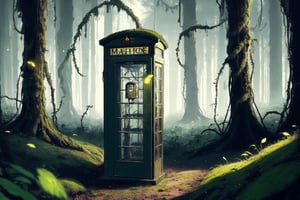 masterpiece, best quality, ultra-detail, realistic, high contract, British phone booth run down and out of order covered in moss and vines in the middle of a forest while it's dark with fireflies around
