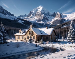 (8k, RAW photo, best quality, masterpiece:1.2), (realistic, photo-realistic:1.37), house, winter, snow, christmas tree, mountains, no people