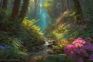 ((cinematic light)), hyper detail, dramatic light, intricate details, lush forest, glowing, luminesent, multicolored, plants, flowers, psychadelic, (extremely colorful:1.3), (psychedelic:1.2), (realistic), (Bioluminescence:1.3), highly detailed, hyper realistic, by Daniel Gerhartz, perfect artwork, masterpiece, best quality, highres, layered lighting, greg rutkowski