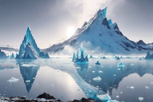 masterpiece, best quality, ultra-detail, realistic, high contract, futuristic, science fiction, giant ice glacier in Antarica with floating ice in misty weather