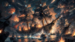 hyper realisitc, 8k, masterpeice, high quality, ((detailed), 2 pirate ships in combat, fire, cannons, action, intense, explosions, active cannons firing, cannon balls in the air