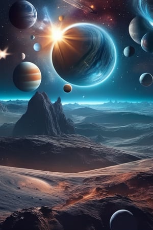 masterpiece, best quality, planets, scenery, a surreal and dreamlike landscape of, stars, galaxy, very detailed, high resolution, sharp, sharp image, 4k, Leonardo Style,