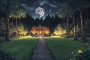 masterpiece, best quality, ultra-detail, realistic, high contract, sacred grove during the night with the moon out in a garden