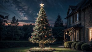(8k, RAW photo, best quality, masterpiece:1.2), (realistic, photo-realistic:1.37), christmas tree, garden, night, led lights
