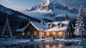 (8k, RAW photo, best quality, masterpiece:1.2), (realistic, photo-realistic:1.37), house, winter, snow, christmas tree, mountains, no people