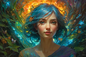 ((cinematic light)), hyper detail, dramatic light, intricate details, vibrant valley of life and beauty,(extremely colorful:1.3), (psychedelic:1.2), (realistic), (Bioluminescence:1.3), highly detailed, hyper realistic, by Daniel Gerhartz, perfect artwork, masterpiece, best quality, highres, layered lighting,Detailedface, Detailedeyes, Scenes of chaos,greg rutkowski