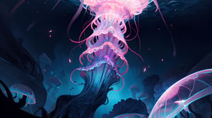 hyper realisitc, 8k, masterpeice, high quality, ((detailed)), glowing jellyfish deep in the dark ocean, thousands, floating