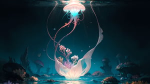 hyper realisitc, 8k, masterpeice, high quality, ((detailed)), Bioluminescentie jellyfish floating in the water at night, deep sea