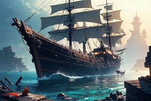 ((best quality)), ((detailed)), masterpiece, 8k, high resolution, pirate ship, sunken, bottom of ocean, fish