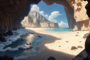masterpiece, best quality, ultra-detail, realistic, high contract, very sandy beach cove side cave, pirate vibe