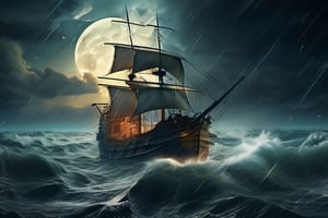 masterpiece, best quality, Leonardo style, sinking ship, ocean, night, moon, stormy, no people, thunder, rain, high-resolution, 4k, 
