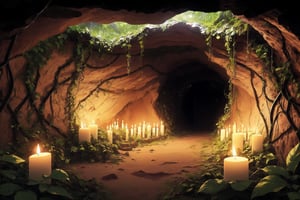 masterpiece, best quality, ultra-detail, realistic, high contract, cave overgrown with vines covered with candles