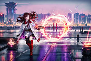 1girl, flaming glowing eyes, long wavy brown hair, white leather coat, long boots, holding a sniper rifel, calm face, running, openeing eyes wide, tokyo, masterpiece, colorful, high detailed, high quality,  PURPLE FIRE