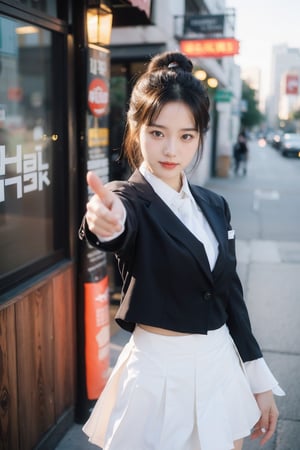 (Realistic, RAW photo), a portrait photograph of a 16-year-old Korean girl,, flash, big breasts,natural skin, , 8k uhd, high quality, film grain, (Fujifilm XT3) ,dream_girl, dynamic expression,  sexy face, (smile:1.3), (happy),(standing),(pointing at viewer)
Character:
Hair: Short, black,
Clothes: Black mini skirt, white blouse,
Other: wearing high heels.