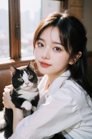 (Realistic, RAW photo), a portrait photograph of a 16-year-old Korean girl,, flash, big breasts,natural skin, , 8k uhd, high quality, film grain, (Fujifilm XT3) ,dream_girl, dynamic expression,  sexy face, (smile:1.3), (happy),(sitting), (hugging a cat)
Character:
Hair: Short, black,
Clothes: Black mini skirt, white blouse,
Other: wearing high heels.