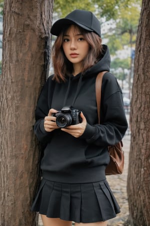 a photo portrait of a paparazzi holding a camera behind the tree targeting celebrities, wearing black hoodie sort skirt and black hat, ready to shot, camera on eye,photographer posture, dynamic pose, brown eyes, short brown curly hair, b3rli,xxmix_girl,omatsuri