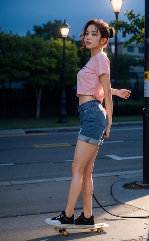 A picture of Jiso from blackpink play skateboard in the park, short jean, pink sleveless shirt, full body, night scene, street light, cars headlamp,fire_particles, sexy posture, brown eyes, brown curly hair, all body looking away, jumping, from_front side_view,4ngel