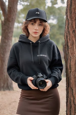 a photo portrait of a paparazzi holding a camera, behind the tree, looking to camera, wearing black hoodie sort skirt and black hat, she ready to shot, photographer posture, dynamic pose, brown eyes, short brown curly hair, b3rli,xxmix_girl,omatsuri