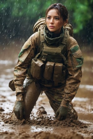 female soldier falls in the mud, crawling, her army clothes were torn and had holes, her face covered in mud, wounds, puddles of mud, battlefield,body, full body, symmetry, nature, subsurface scattering, translucent mod skin, rainy, Bioluminescent rain drop, light_particles, sexy posture, brown eyes, brown curly hair, all body,b3rli,xxmix_girl