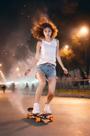 A picture of the girl play skateboard in the park, short jean, white sleveless shirt, full body, symmetry, translucent mod skin,night scene, steet light, cars headlamp,fire_particles, sexy posture, brown eyes, brown curly hair, all body looking away, jumping, from_front side_view