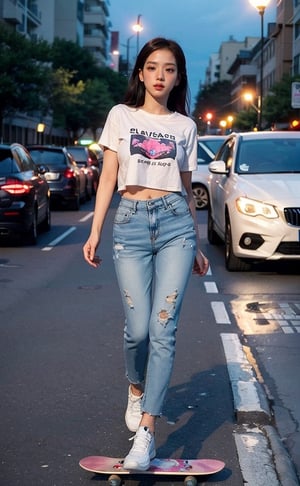 A picture of {Jiso} member of {blackpink} play skateboard in the park, short jean, white sleveless shirt, full body, night scene, street light, cars headlamp,fire_particles, sexy posture, all body looking away, jumping, from_front side_view,4ngel,zzenny_n