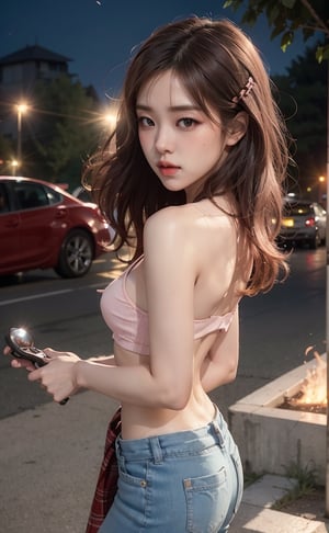 A picture of ("rose" member from "blackpink") play skateboard in the park, short jean, pink sleveless shirt, full body, symmetry, translucent mod skin,night scene, steet light, cars headlamp,fire_particles, sexy posture, brown eyes, brown curly hair, all body looking away, jumping, from_front side_view