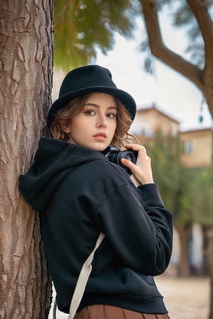 a photo portrait of a paparazzi doing spionase, behind the tree, holding a tele camera, looking away, wearing black hoodie sort skirt and black hat, she ready to shot, photographer posture, dynamic pose, brown eyes, short brown curly hair,xxmix_girl