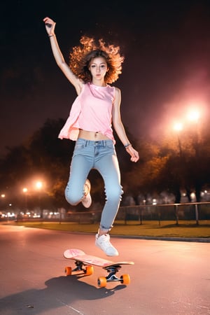 A picture of the girl play skateboard in the park, short jean, pink sleveless shirt, full body, symmetry, translucent mod skin,night scene, steet light, cars headlamp,fire_particles, sexy posture, brown eyes, brown curly hair, all body looking away, jumping, from_front side_view