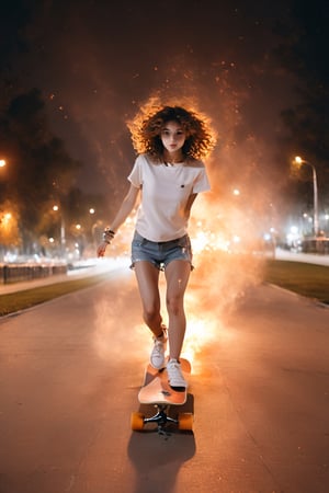 A picture of the girl play skateboard in the park, full body, symmetry, translucent mod skin,night scene, steet light, cars headlamp,fire_particles, sexy posture, brown eyes, brown curly hair, all body
