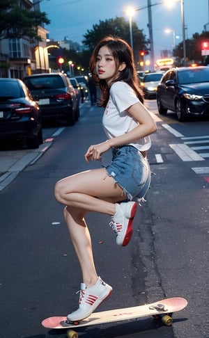 A picture of {Jiso member of blackpink} play skateboard in the park, short jean, white sleveless shirt, full body, night scene, street light, cars headlamp,fire_particles, sexy posture, all body looking away, jumping, from_front side_view,4ngel,zzenny_n