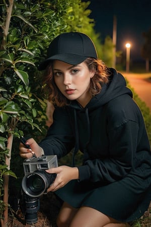 night scene, crawling in the bushes, paparazzi holding a tele camera, doing spionase, behind the tree,looking away, wearing black hoodie sort skirt and black hat, she ready to shot, photographer posture, dynamic pose, brown eyes, short brown curly hair,xxmix_girl