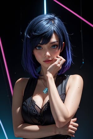 masterpiece, best quality, (detailed background), (beautiful detailed face, beautiful detailed eyes), absurdres, highres, ultra detailed, masterpiece, best quality, detailed eyes, frown, green_eyes, , green iris, blue hair, crossed_arms, folded arms, upper body, sexy pose, alluring, erotic pose, seductive, kinky, close-fitting clothing, neck bone, at the city , midnight, cyberpunk scene, neon lights, splashes, light particles, electric, dj theme, synthwave theme, (bokeh:1.1), depth of field ,guiltys,yelan_\(genshin_impact\), necklace dice on her chest, sleeveless dark outfit with with a white jacket hanging, heeled shoes, hydro vision hanging, body panty_hose