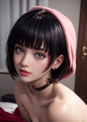 masterpiece, best quality, (detailed background), (beautiful detailed face, beautiful detailed eyes), absurdres, highres, ultra detailed, masterpiece, best quality, detailed eyes, 1_girl, Tae Takemi, Persona 5 game, blue dark hair, pink lips, neck bone, messy bob cut, blunt bangs, brown eyes, red nails polish, towel cover, midnight, at bedroom, model pose, mouth open, close-fitting clothing, pov_eye_contact, upper_body, happy_face, blushing, cleavage, alluring, kinky, erotic